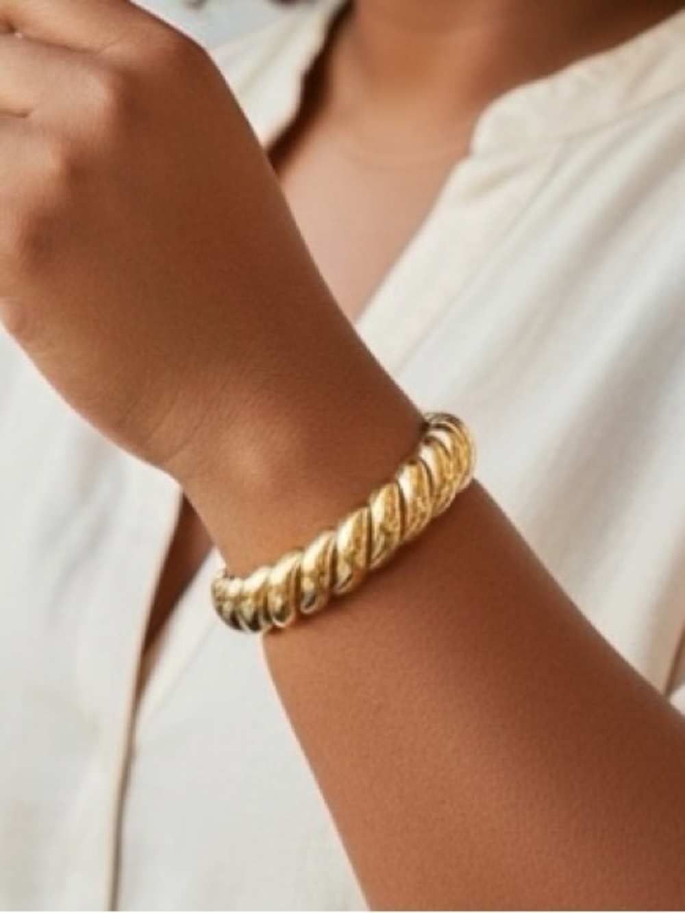 VINTAGE GOLD TONE CHUNKY TWISTED RIBBED STRETCH BRACELET Statement Expandable
